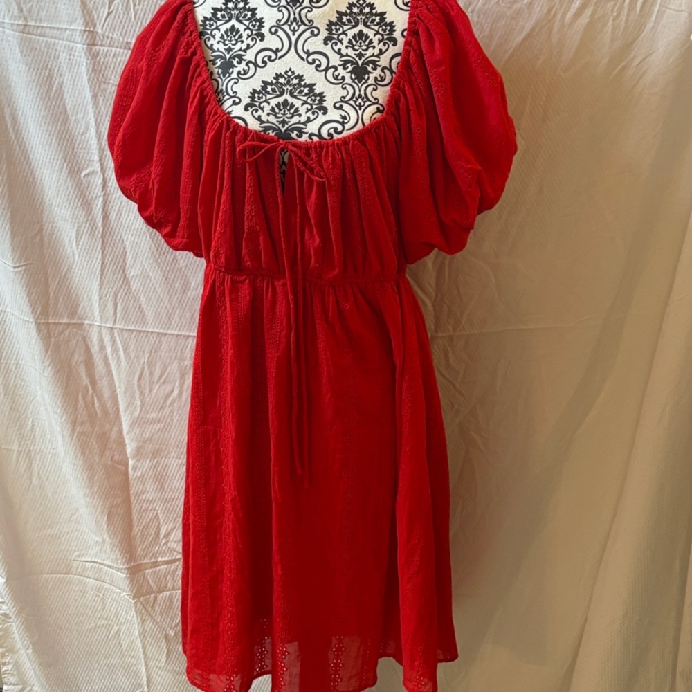 Baevely Women’s Red Puff-Sleeve Midi Dress with Tie Front